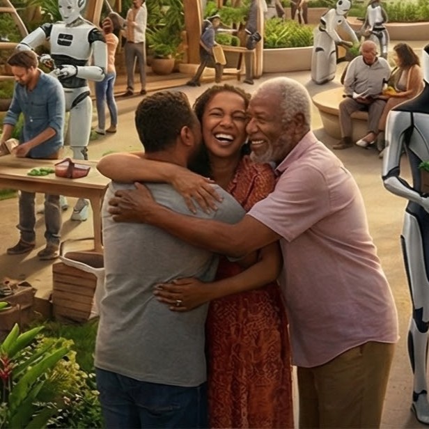 Three people collaborating